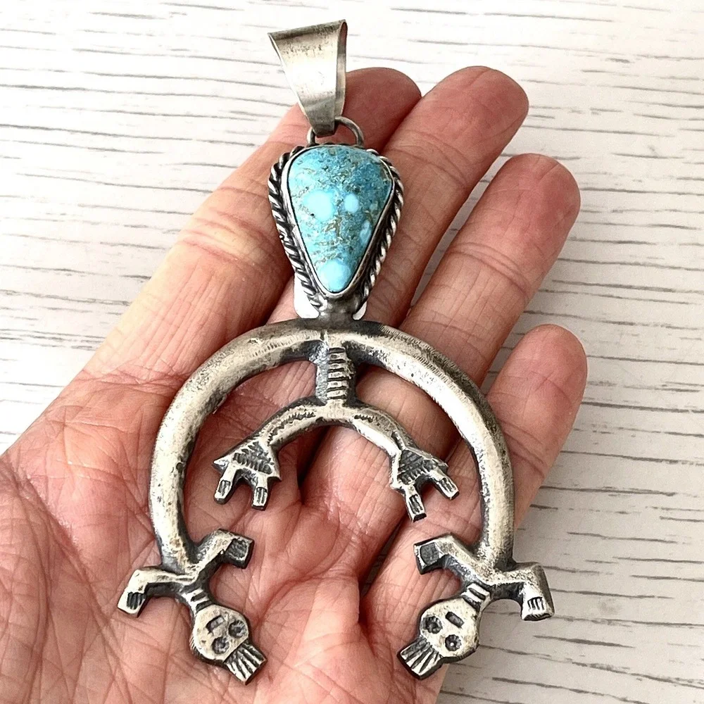 Navajo Naja Pendant Rainbow Man BIG 4in Turquoise Signed Sterling Squash Matte